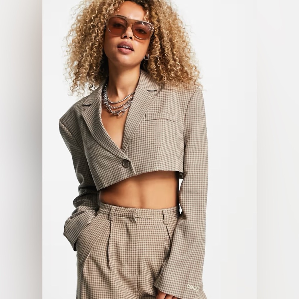 ASOS collusion Cropped Check Blazer - Taupe Houndstooth